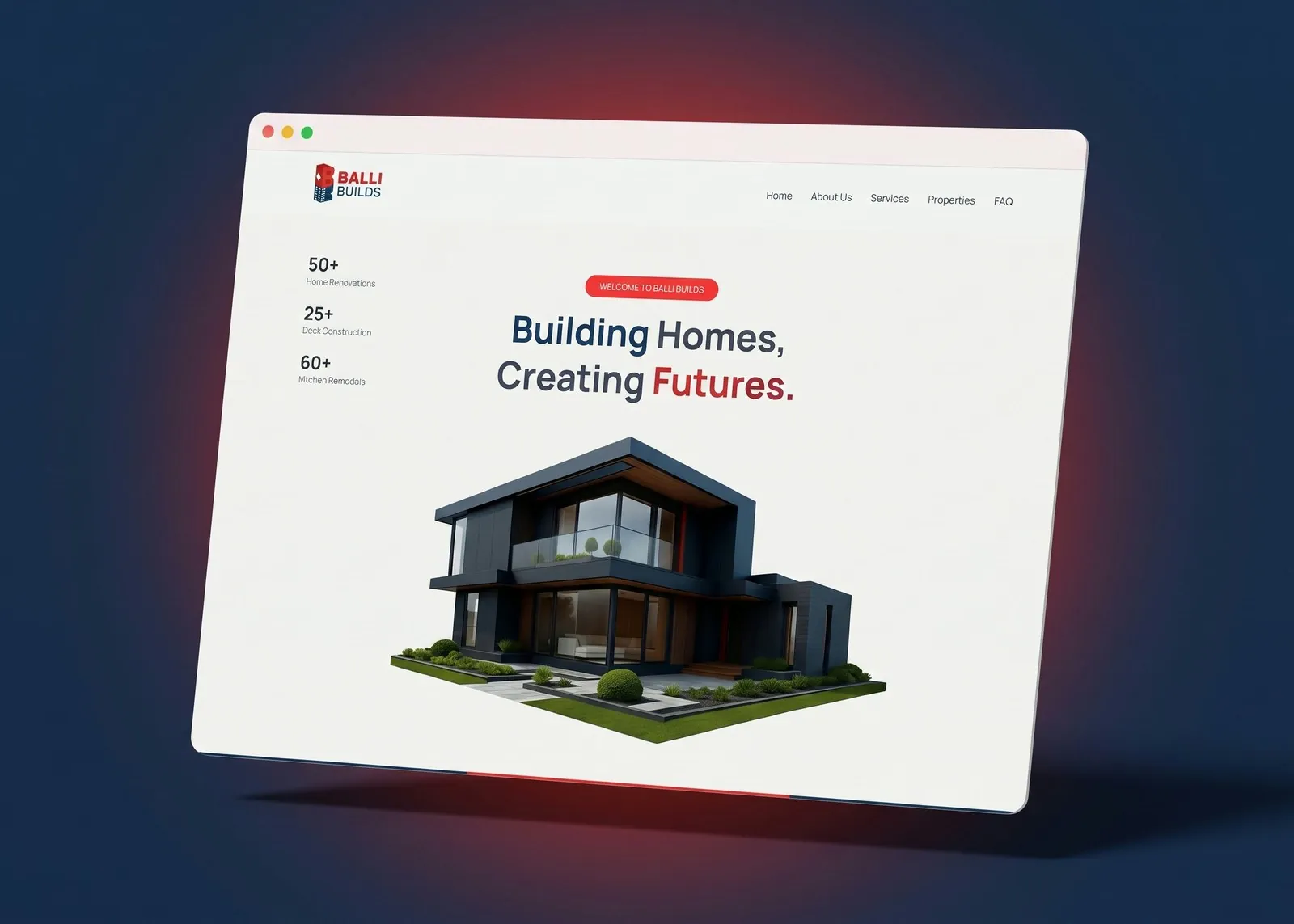 Balli Builds homepage in a floating browser window
