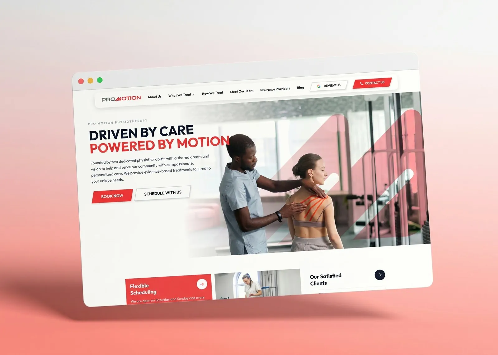 Pro Motion Physiotherapy homepage in a floating browser window