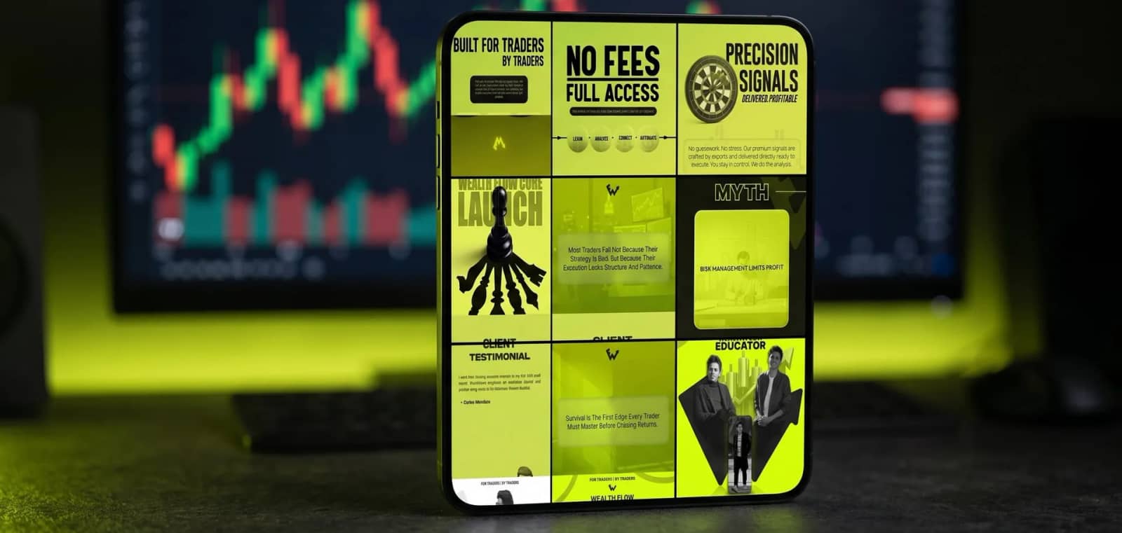 Wealth Flow Instagram feed on a phone at a trading desk