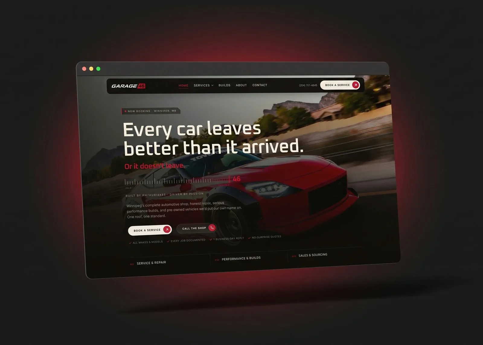 Garage 46 homepage in a floating browser window