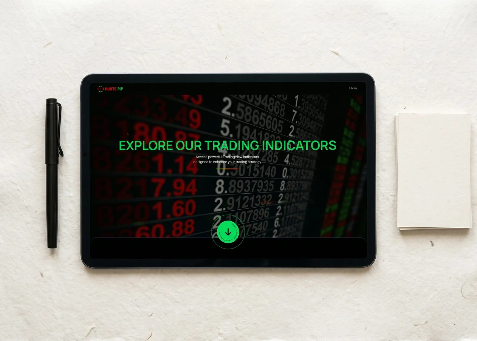 HuntsPip library on a tablet flat-lay