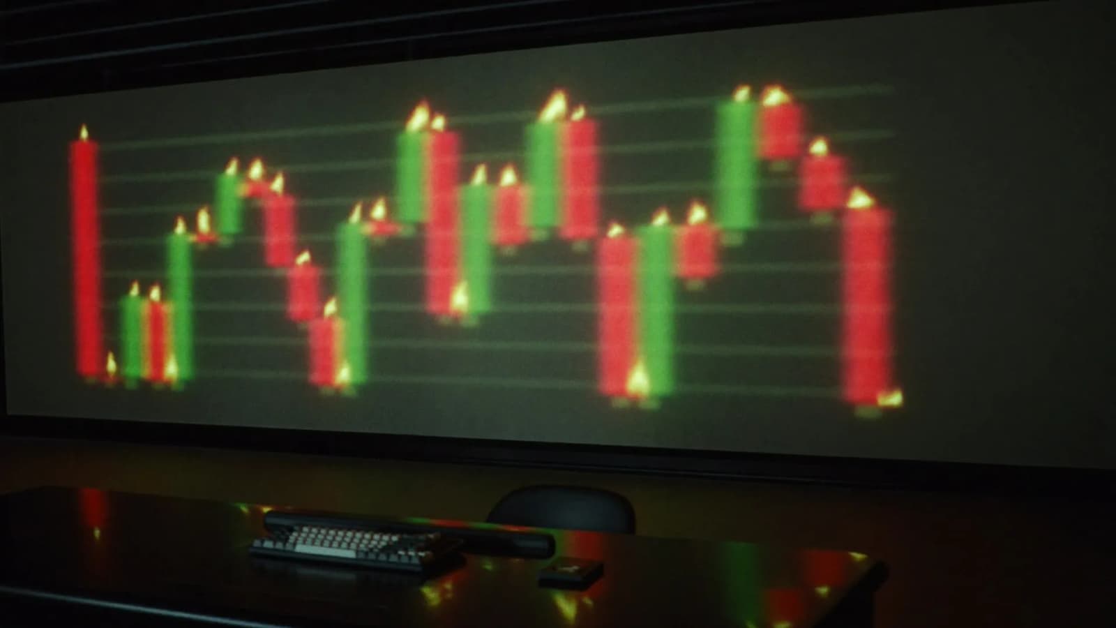 Candlestick chart projected across a dark room