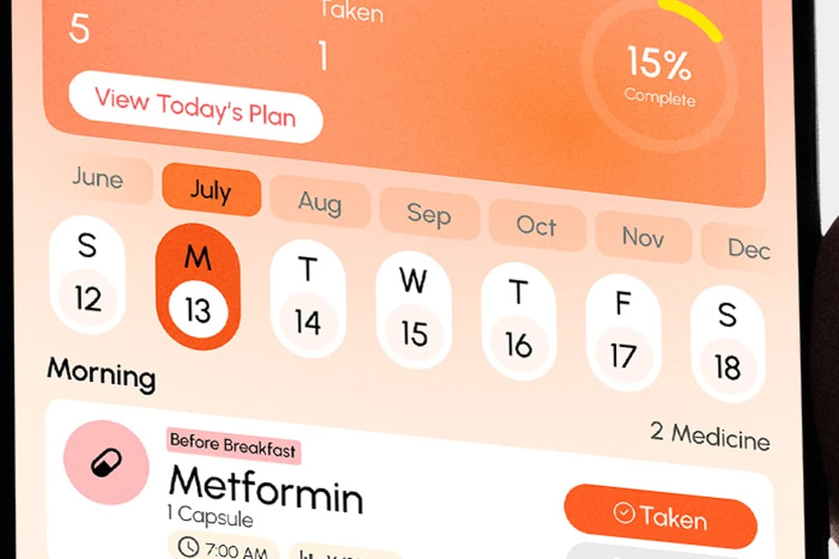 The day plan close up: calendar strip, morning group, and a dose marked taken