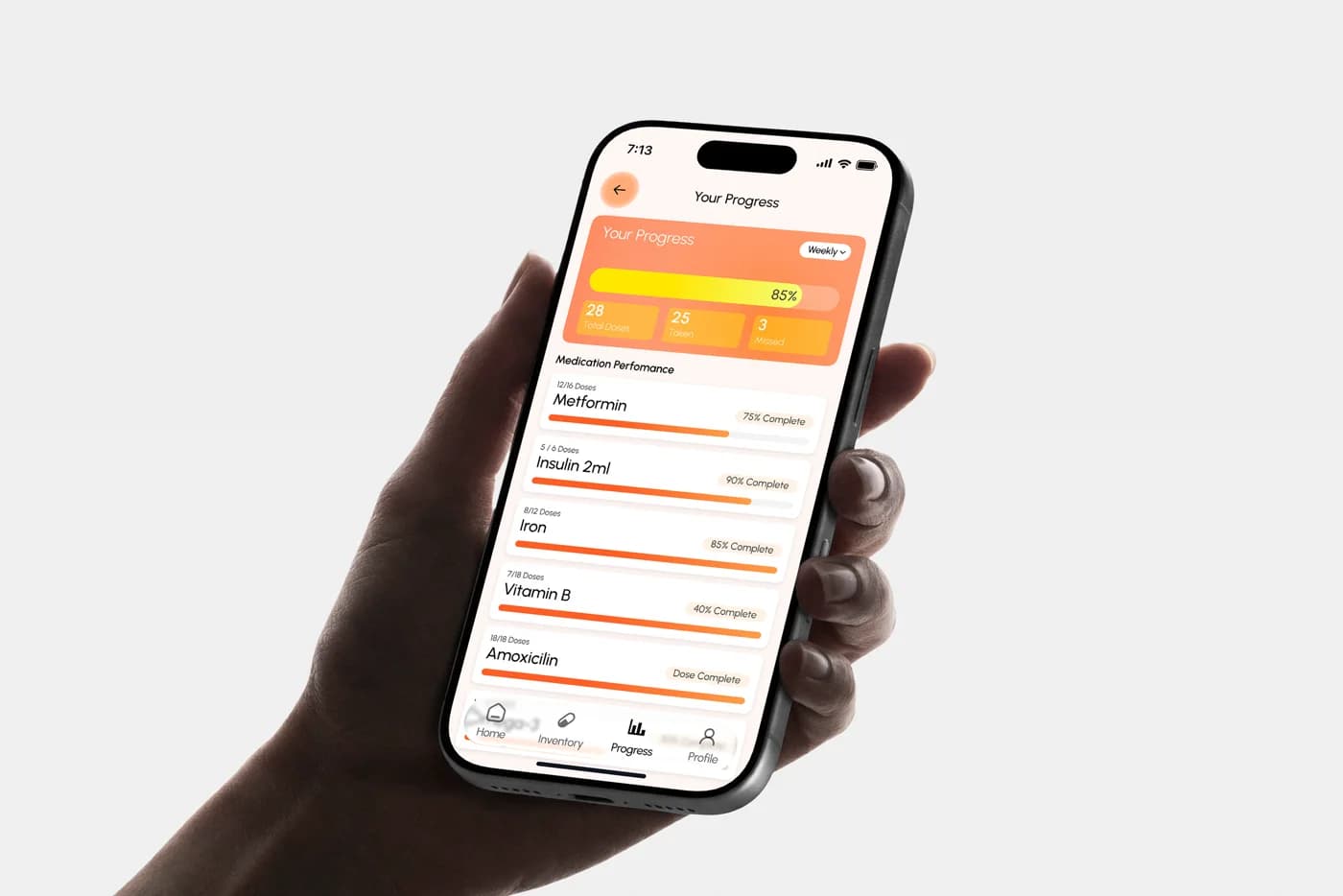 Recache progress screen with weekly adherence and per-medication bars