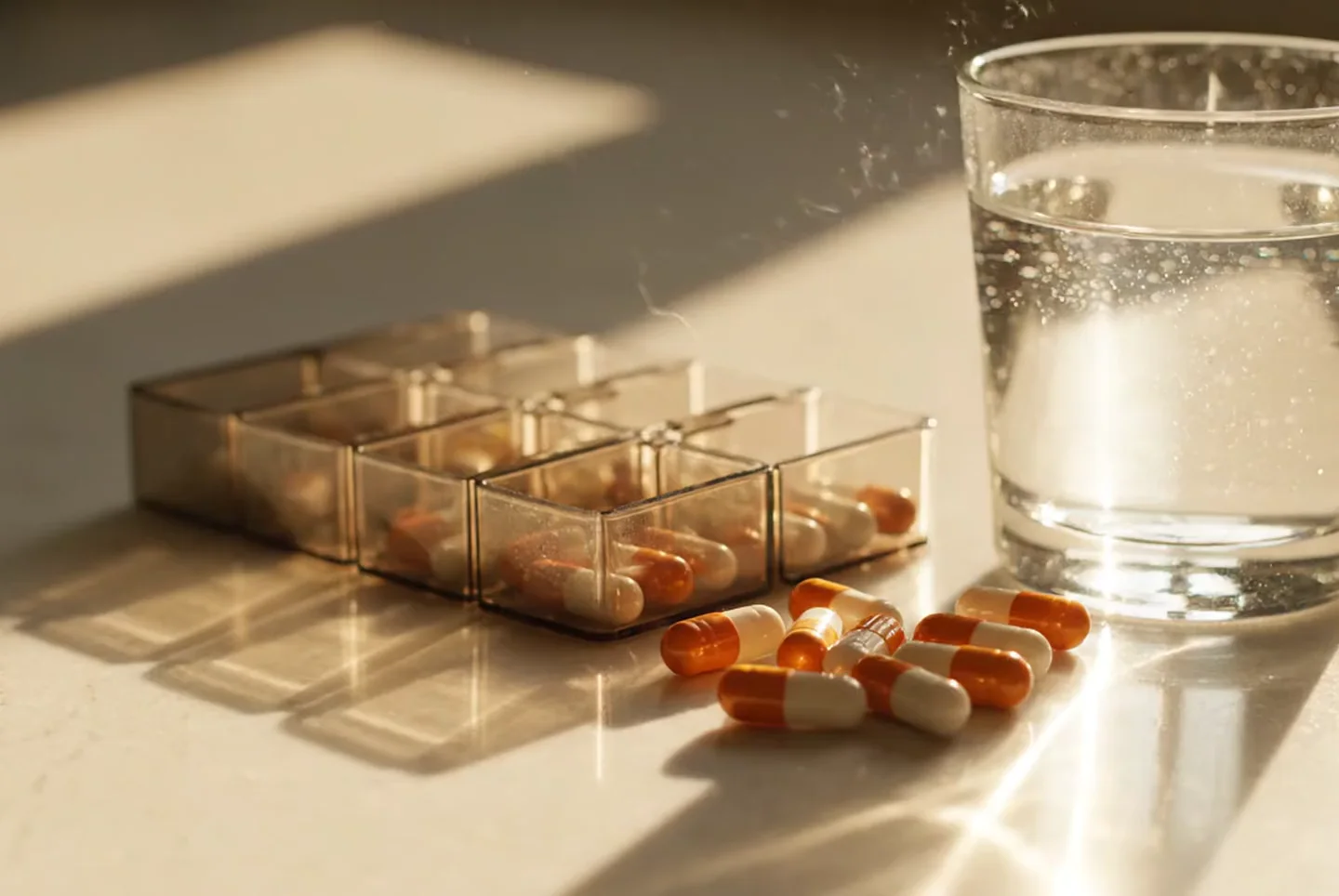 A pill organiser and a glass of water in morning light