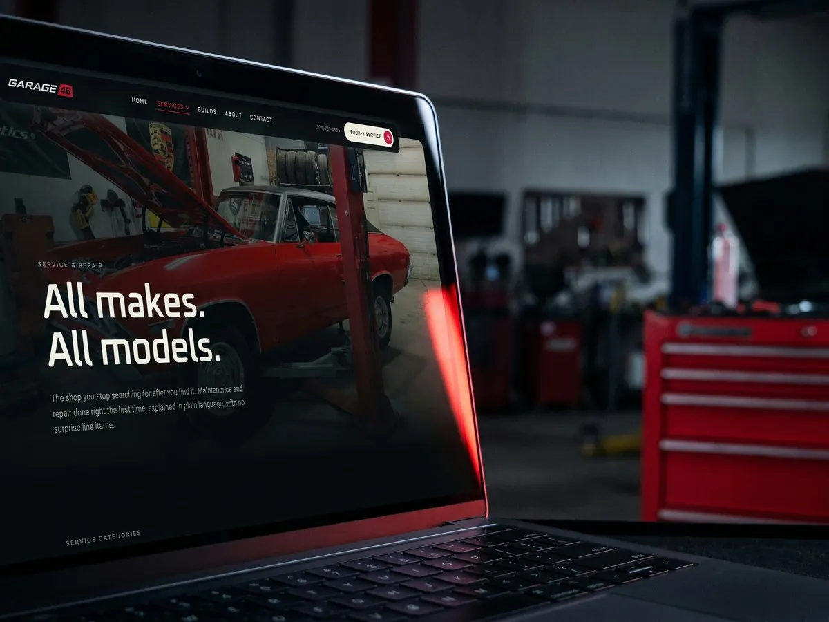 Garage 46 on a laptop screen edge